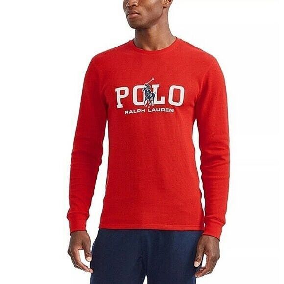 New! POLO RALPH LAUREN Logo Big Men's Waffle Knit Thermal Top Sleep Shirt Red 2X - Picture 1 of 4